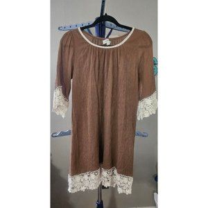 Umgee USA Brown Dress W/ Lace Trim Mini Dress SZ M